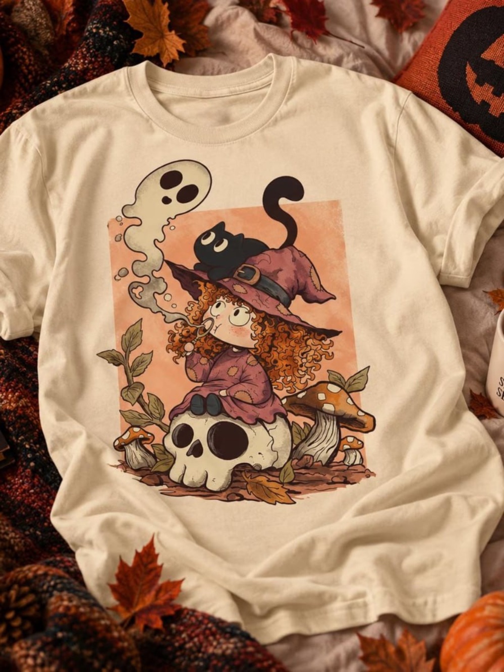 Gildan Off White Witch and Cat Graphic Short Sleeve Tee